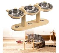 GOMETY Comedero para gatos 3 en 1 elevado, juego de 3 comederos para gatos con 3 cuencos de acero inoxidable, altura ajustable, comedero para gatos elevados con soporte de madera, comedero ergonómico
