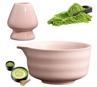 GOMETY Cuenco japonés Matcha con boquilla, cuenco tradicional de té Chawan con estante batidor, cuencos de té de cerámica (color rosa)