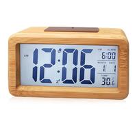 GOMETY Despertador digital de madera con gran pantalla LCD, pequeño reloj de mesa con fecha, pantalla de teperatura, reloj con módulo de repetición para dormitorio o oficina (madera maciza bicolor