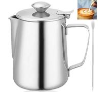 GOMETY Jarra de leche de acero inoxidable de 350 ml con tapa, jarra de leche, jarra de café, espumador de leche, jarra de espuma de leche, accesorios con aguja para café latte para capuchino (350 ml)