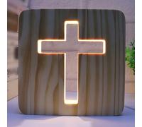 GOMETY Jesús Cruz Luz Nocturna 3D Tallado en Madera LED Lámpara de Noche Blanco Cálido Lámpara de Mesa USB Decoración Dormitorio Regalo Religioso para Cristianos Pascua