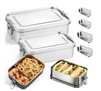 GOMETY Juego de 2 fiambreras de acero inoxidable 850 ml + 1400 ml, fiambrera a prueba de fugas, caja bento con separación y anillo de sellado, sin BPA, fiambrera, fiambrera, con compartimentos para