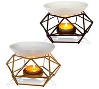 GOMETY Juego de 2 lámparas aromáticas de metal y cerámica, quemador de aroma de vela, lámpara de cera aromática con soporte para velas de té, de hierro, para decoración del hogar, estilo rombo,