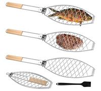 GOMETY Juego de 3 asadores de pescado, 63 x 12 cm, soporte para barbacoa de pescado con mango de madera, soporte plegable para pescado con cepillo de silicona de 21 cm, parrilla de pescado, pinzas