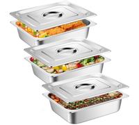 GOMETY Juego de 3 cuencos para empanar, recipiente GN 1/3, recipiente de acero inoxidable con tapa, juego de 3 piezas, cuenco para empanar, ideal para comida y plato, 32,5 x 17,6 x 6,5 cm