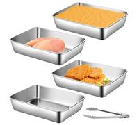 GOMETY Juego de 4 piezas para empanar de acero inoxidable, 25,5 x 20 x 5,5 cm, cuencos para empanar con pinzas de empanado, acero inoxidable, carne, pescado, metal, bandeja para barbacoa