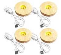 GOMETY - Juego de 4 soportes de luz LED de madera, USB, para cristal acrílico, color cálido, base de madera redonda, base de pantalla para cristal, cristal acrílico, color cálido, 4 unidades)