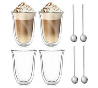 GOMETY Juego de 4 vasos de café de doble pared de 300 ml, de cristal de borosilicato, capuchino, tazas con asa, cuchara, tazas de café, vasos de té, vasos térmicos de doble pared para capuchino