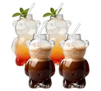 GOMETY Juego de 4 vasos para beber, 320 ml, con forma de oso, con pajita, vasos de café, vasos de café matcha, tazas de café helado, leche latte macchiato, vasos de cóctel para el hogar, la oficina