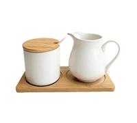 GOMETY Juego de leche y azúcar con tapa y cuchara, jarra de leche de cerámica y azucarero con bandeja de madera, apta para lavavajillas y microondas, para café y capuchino (blanco)