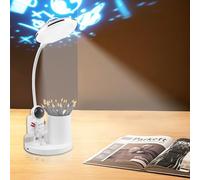 GOMETY Lámpara de escritorio para niños, LED astronauta, portátil, lámpara de lectura con proyección de estrella y soporte para lápiz, cuello de cisne, lámpara de mesa, regulable, recargable para