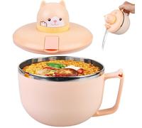 GOMETY Ramen - Cuenco con tapa, 1200 ml, grande, con temporizador, de acero inoxidable 304, para pasta, fideos, sopa y almuerzo (gato)