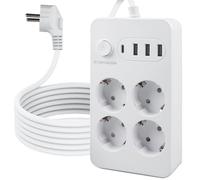 GOMETY Regleta de 4 enchufes con USB-C y Type-C, interruptor integrado, cable de extensión de 2 m, 2500 W/10 A, protección contra sobretensiones, montaje en pared, enchufe múltiple para oficina y