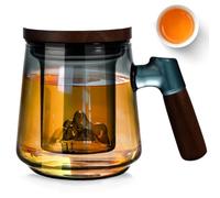 GOMETY Taza de té con tapa y colador, 500 ml, cristal de borosilicato con mango de madera, 13 x 8 cm, tazas de té grandes, resistentes al calor, mango de madera, para té suelto, regalo para amantes