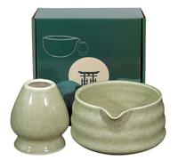 GOMETY Tazón de té japonés para matcha con vertedor, cuenco de té Chawan Matcha con bandeja batidora, cuenco tradicional de cerámica Matcha, tazón de té Chawan, tazón de té de cerámica, color matcha