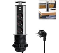 GOMETY - Toma de mesa de 3 vías retráctil con 2 puertos USB-A, regleta de mesa de 60 mm, enchufe retráctil con cable de 1,8 m, enchufe integrado, regleta de mesa para oficina, cocina, taller