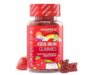 Gominolas de Hierro y Vitamina C para Niños - 30 Gominolas - Veganas y Sin Gluten Hierro Suplemento - para Energía y Sistema Inmunológico - Multivitaminas Niños - Sabor Fresa - 1 Mes - Novomins