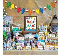 Gone Fishing Bait Bar Bobber Postre Alimentos Buffet Decoración Pesca Banner Etiquetas de Alimentos The Big One Mesa de Postre Fiesta de Cumpleaños Ideas Suministros Juego de 18