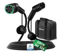 GONEO Cable de Carga Tipo 2 22kW 5M 32A Mode 3 Cable de Carga para Coche Eléctrico Tipo 2 y 3 Fases para E Auto EV/PHEV Tipo 2 a Tipo 2 con Bolsa de Transporte
