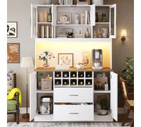 gonew21 Armario de cocina alto con iluminación LED y enchufes - Armario multiusos con 6 puertas y 2 cajones, aparador y armario buffet para salón y cocina - Armario para el hogar en color blanco