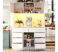 gonew21 Armario de cocina alto con iluminación LED y encimera, armario multiusos de 92 cm de alto con 8 cajones, vitrina y armario buffet para salón y cocina - Armario para el hogar en color blanco