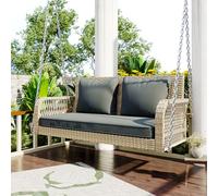 gonew21 Columpio de jardín de 2 plazas - Conjunto de muebles de jardín de ratán sintético resistente a la intemperie, salón exterior con cojines para terraza y balcón, columpio de jardín de ratán