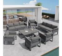 gonew21 Conjunto de muebles de terraza para 10 personas, con patas ajustables y cojines de 10 cm de grosor, incluye 4 sillones, 2 sofás y 2 mesas, resistente a la intemperie para terraza, balcón y