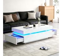 gonew21 Mesa de centro rectangular 100 x 50 x 35 cm LED con 2 cajones | Tablero aglomerado, control por aplicación, capacidad de carga de 30 kg, mesa auxiliar para salón, oficina