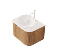 gonew21 Mueble de lavabo montado en la pared de 61 cm con lavabo de cristal - Mueble bajo lavabo con placa de piedra sinterizada Carrara y frente de madera curvada 3D - Juego de muebles de baño para