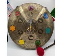 Gong tibetano de los siete chakras con Om Mane Padme Hum Manta grabado - Gong curativo hecho a mano - Campana de pie con vibración de sonido profundo para yoga, curación