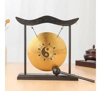 Gong tradicional de latón montado en soporte de madera tallada para rituales de meditación diarios y estilo doméstico de Asia oriental (B)