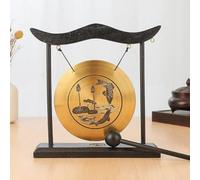 Gong tradicional de latón montado en soporte de madera tallada para rituales de meditación diarios y estilo doméstico de Asia oriental (C)