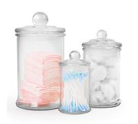 Gonioa - Juego de 3 tarros de boticario de cristal transparente de calidad premium, organizador de tocador de baño, tarros de boticario para hisopos de algodón, esponjas de maquillaje, sales de baño, Q-Tips