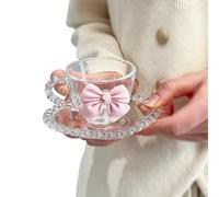 GONMPJZR Juego de tazas de café, tazas y platillos, decoración de lazo rosa de amor transparente, plato de postre de agua de vidrio for niña, té de la tarde, desayuno de avena