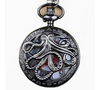 GONMPJZR Reloj Vintage, Vintage Octopus Hollow Half Hunter Reloj de Bolsillo de Cuarzo Steampunk Negro con Cadena de Collar Negro-Rojo(Black Red)