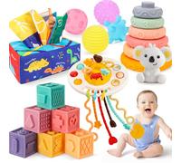 Gontence 18 Pcs Set de Juguetes Montessori Sensoriales y Educativos para Bebés - Juguete para Bebé de 6 Meses, 5 en 1: Juego de 6 Torres Apilables, Motricidad, Caja Pañuelos, Bola de Agarre, Navidad