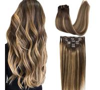 GOO GOO Extensiones Adhesivas Pelo Natural, 35cm 120g 7pcs, 4/27/4 Brun Chocolat à Blond Caramel, Extensiones de cabello humano Natural auténtico