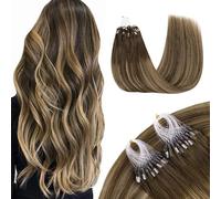 GOO GOO Extensiones Pelo Natural Queratina,Micro Loop Extensiones de Queratina, 35cm 50g 50 Hebras,Fusión Fría, Balayage Marrón Chocolate a Rubio Caramelo
