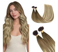 GOO GOO Extensiones Pelo Natural Queratina, U Tip Extensiones de Queratina, 35cm 50g 50 Hebras, Fusión Caliente, Balayage Marrón Nogal a Marrón Ceniza y Rubio Blanqueado