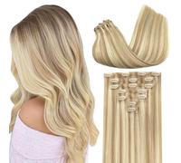 GOO GOO Extensiones sin Costuras con Clip, 35cm 110g 7pcs, 18A/613A Dorado Rubio Claro, Extensiones de cabello humano Natural auténtico