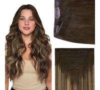 GOO GOO Genius - Extensiones de cabello con clip, 50,8 cm, 130 g, 7 unidades, sin costuras, pelo humano virgen real, #(T4/27) P4 marrón chocolate a rubio caramelo