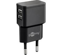 Goobay 44951 Alimentación USB/Adaptador de 2 Puertos para Toma de Corriente - Fuente USB de 2,4 A (12 W) con electrónica de protección para Dos teléfonos móviles o tabletas, Negro