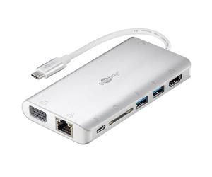 goobay 49850 Adaptador multipuerto USB-C 3.0 / Distribuidor 9 Puertos HDMI/VGA/USB C PD / 2X USB 3.0 / RJ45 / Audio de 3,5 mm/Lector de Tarjetas SD y microSD/Aluminio