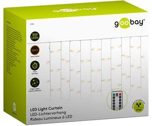 goobay 57942 Cortina de luz de 300 LED con mando a distancia - función de temporizador - 8 modos de luz - regulador de intensidad y transformador externo de 31 V - blanco cálido (3000 K)