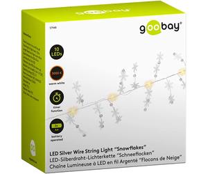 goobay 57948 - Guirnalda de luces LED con temporizador, funciona con pilas, diseño de copos de nieve, para interiores, 10 ledes, luz blanca cálida (3000 K), IP20