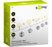 goobay 57949 Cadena de luces LED con función de temporizador, función de batería - Guirnalda de luces para interiores con 10 LEDs + Campanillas + Estrellas - Blanco cálido (3000k) - IP20 - 1,3m