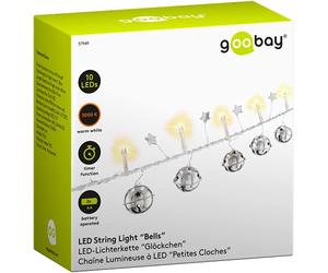 goobay 57949 Cadena de luces LED con función de temporizador, función de batería - Guirnalda de luces para interiores con 10 LEDs + Campanillas + Estrellas - Blanco cálido (3000k) - IP20 - 1,3m