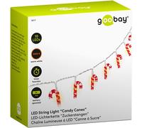 goobay 58117 10 luces LED de bastón de caramelo, bastones de caramelo, luces navideñas de bastón de caramelo, brillo blanco cálido, función de temporizador, rojo, blanco