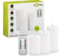 goobay 64786 Set de 3 velas LED con mando a distancia/velas eléctricas de exterior/llama parpadeante realista/decoración/función temporizador/vela LED sin llama/funcionan con pilas