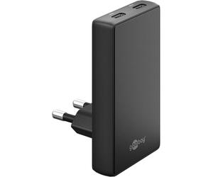 goobay 65W Flaches GAN USB C Ladegerät, Dual-Port (2X USB-C) Schnellladegerät - 90° Flat Design, ultraflach & platzsparend, für Apple, Samsung, Huawei, sowie Tablets & etc., Schwarz - 75725